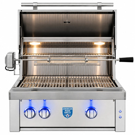 American Made Grills Estate 30" Built-In Gas Grill – #304 Stainless Steel - front view with lid open