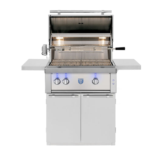 American Made Grills Estate 30-inch gas grill with lid open, rotisserie, cooking grates, and interior lights