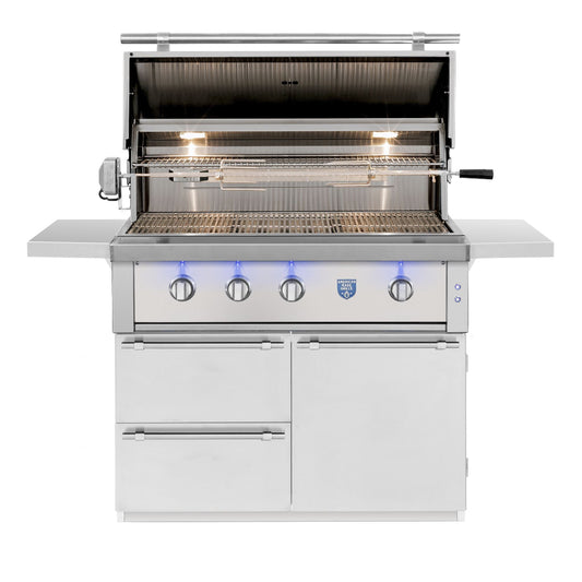 American Made Grills Estate 42" Freestanding Gas Grill on Cart – #304 Stainless Steel - front view with lid open