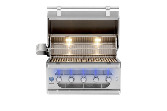 American Made Grills Muscle 36-inch built-in grill with lid open, cooking grates and interior lights