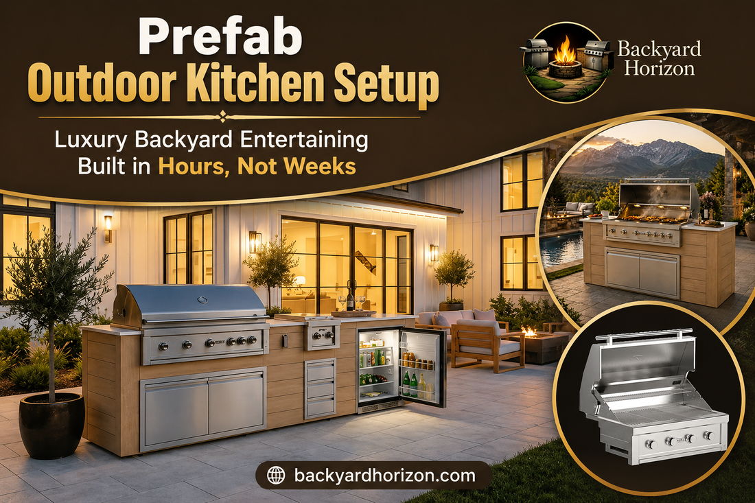 Prefab outdoor kitchen setup with stainless steel grill, outdoor refrigerator, and modern cabinetry in a luxury backyard patio, featuring Backyard Horizon branding.