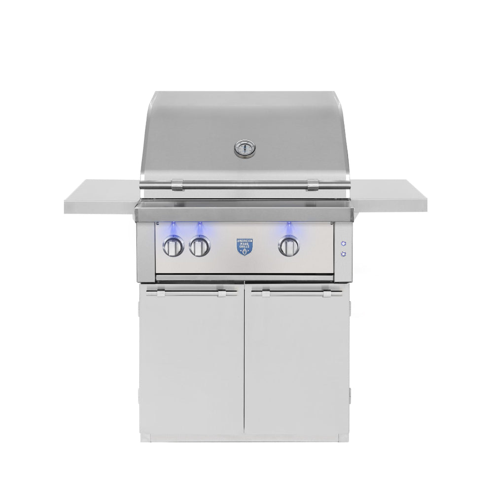 American Made Grills Estate 30-inch stainless steel gas grill on cart with lid closed and side shelves