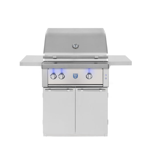 American Made Grills Estate 30-inch stainless steel gas grill on cart with lid closed and side shelves