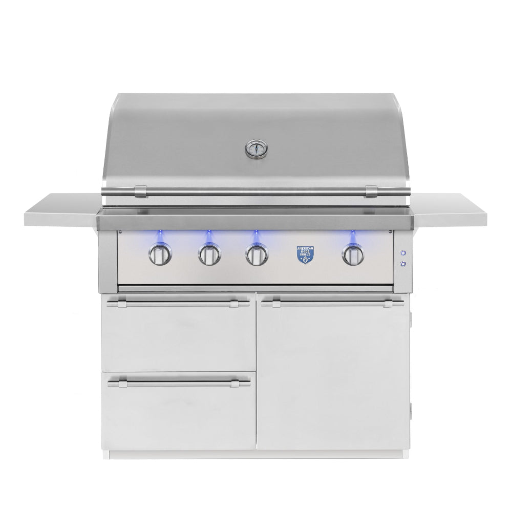 American Made Grills Estate 42" Freestanding Gas Grill on Cart – #304 Stainless Steel - front view with lid closed