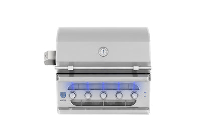 American Made Grills Muscle 36-inch stainless steel built-in grill with lid closed and illuminated controls