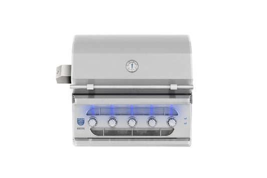 American Made Grills Muscle 36-inch stainless steel built-in grill with lid closed and illuminated controls