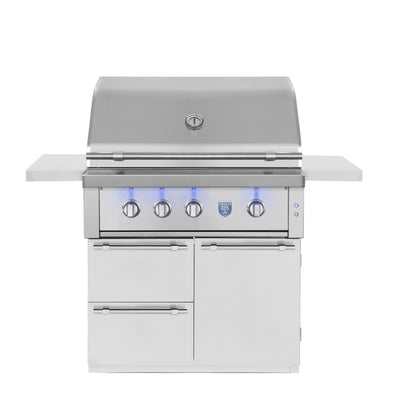 American Made Grills Estate 36-inch stainless steel gas grill on cart with lid closed and side shelves
