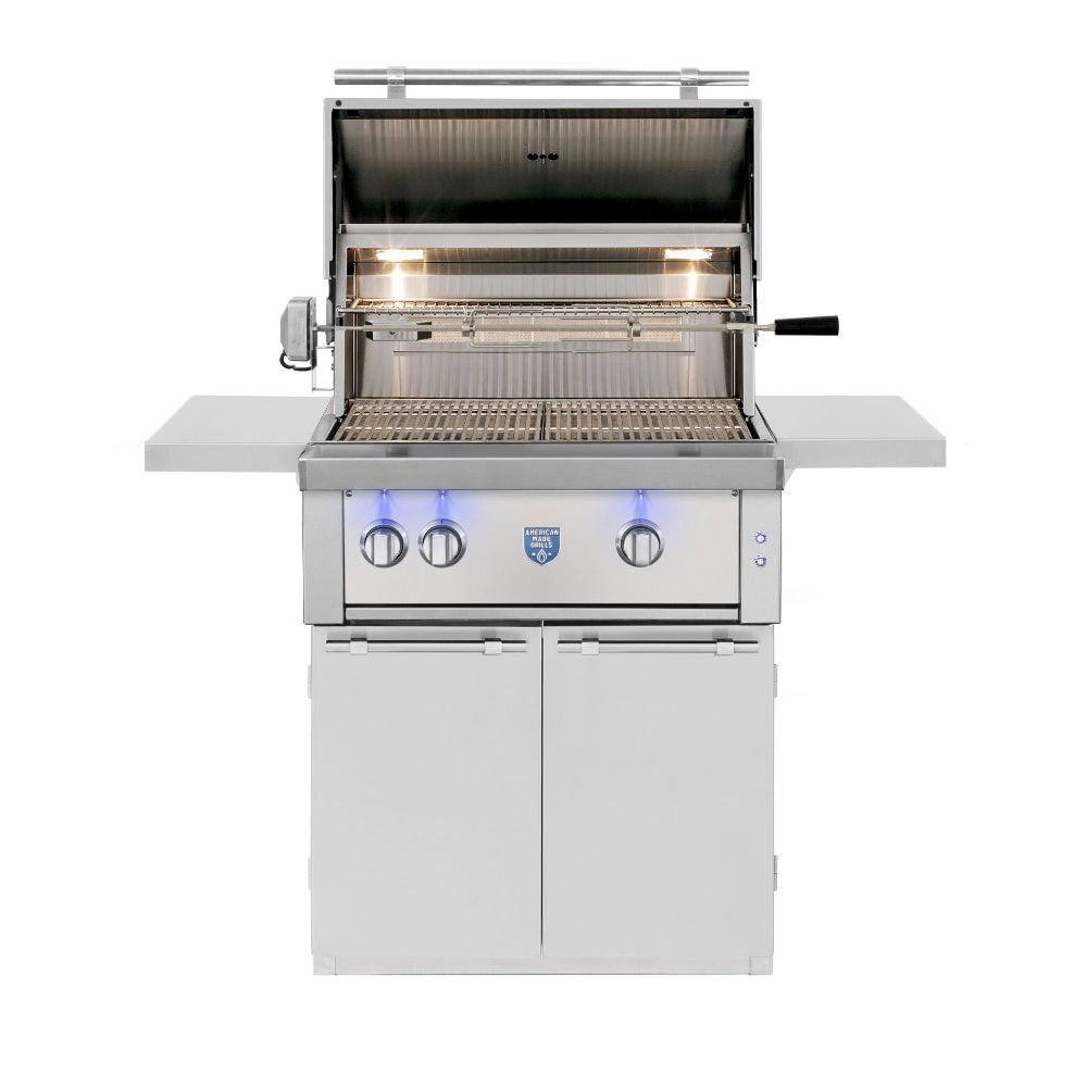 American Made Grills Estate 30-inch gas grill with lid open, rotisserie, cooking grates, and interior lights
