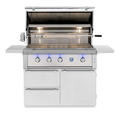 American Made Grills Estate 42" Freestanding Gas Grill on Cart – #304 Stainless Steel - front view with lid open