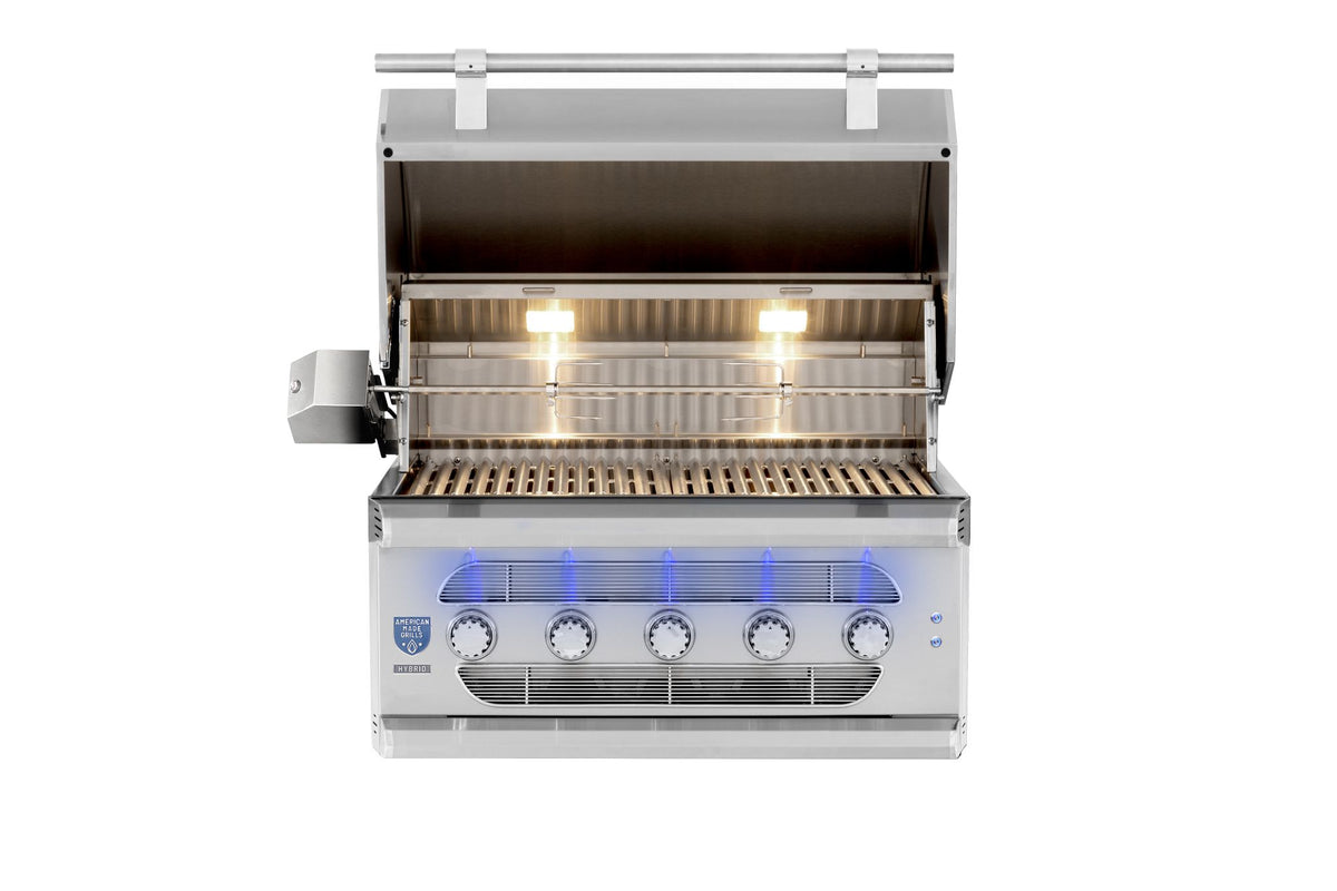 American Made Grills Muscle 36-inch built-in grill with lid open, cooking grates and interior lights