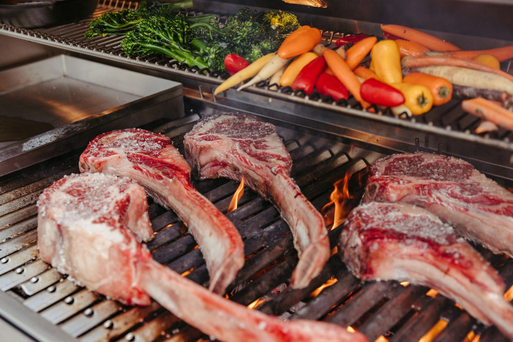 American Made Encore 36 inch grill, grilling Lamb chops and vegetables being grilled on a barbecue