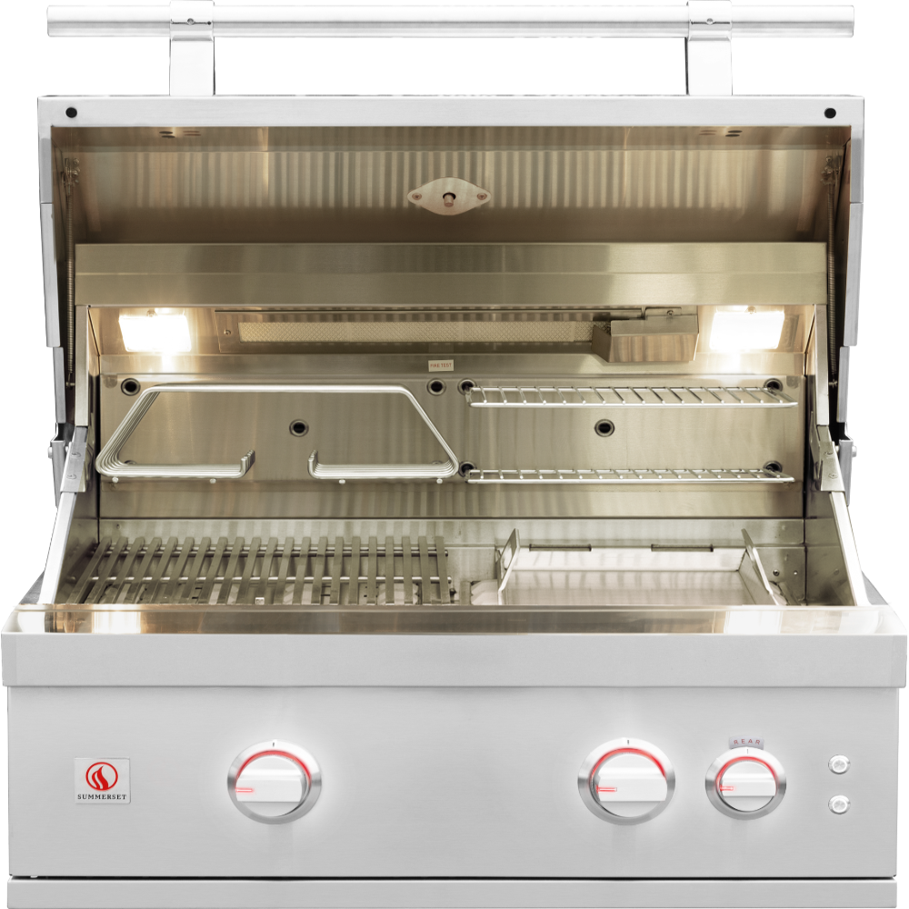 Summerset Quest 30-inch grill with hood open, interior lights, warming racks and griddle plate