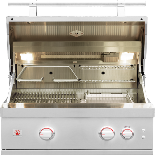 Summerset Quest 30-inch grill with hood open, interior lights, warming racks and griddle plate
