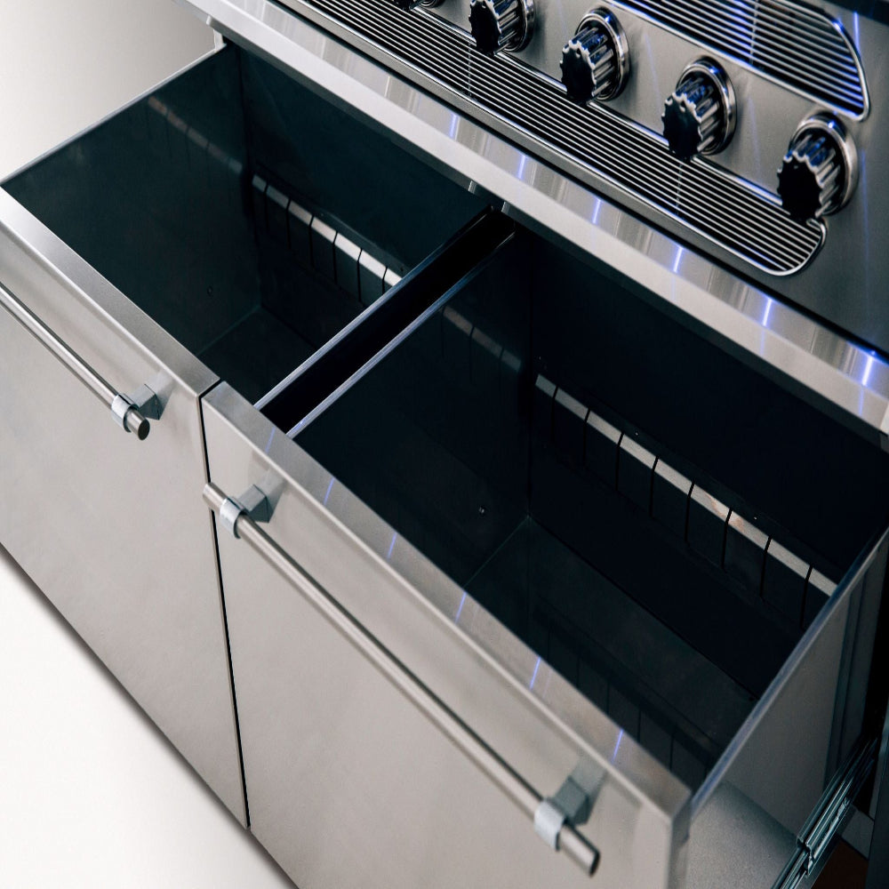 American Made Grills Muscle 54" Hybrid Freestanding Grill on Cart – #304 Stainless Steel - storage drawer detail