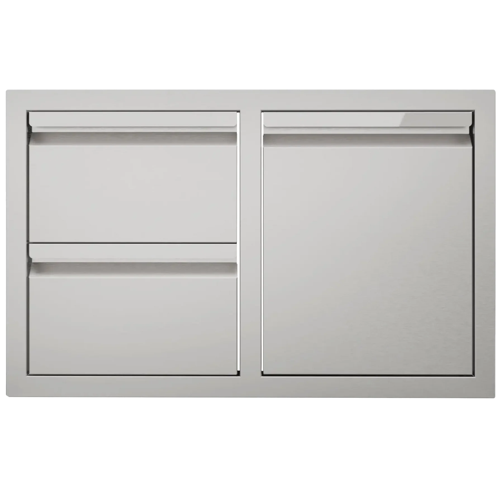 Stainless steel outdoor kitchen cabinet with two doors and drawers on a white background