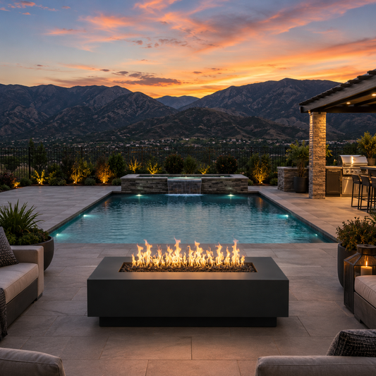 Outdoor Plus Del Mar Fire Pit- GFRC Concrete Fire Pit – outdoor fire feature by The Outdoor Plus, shown in a backyard lifestyle setting