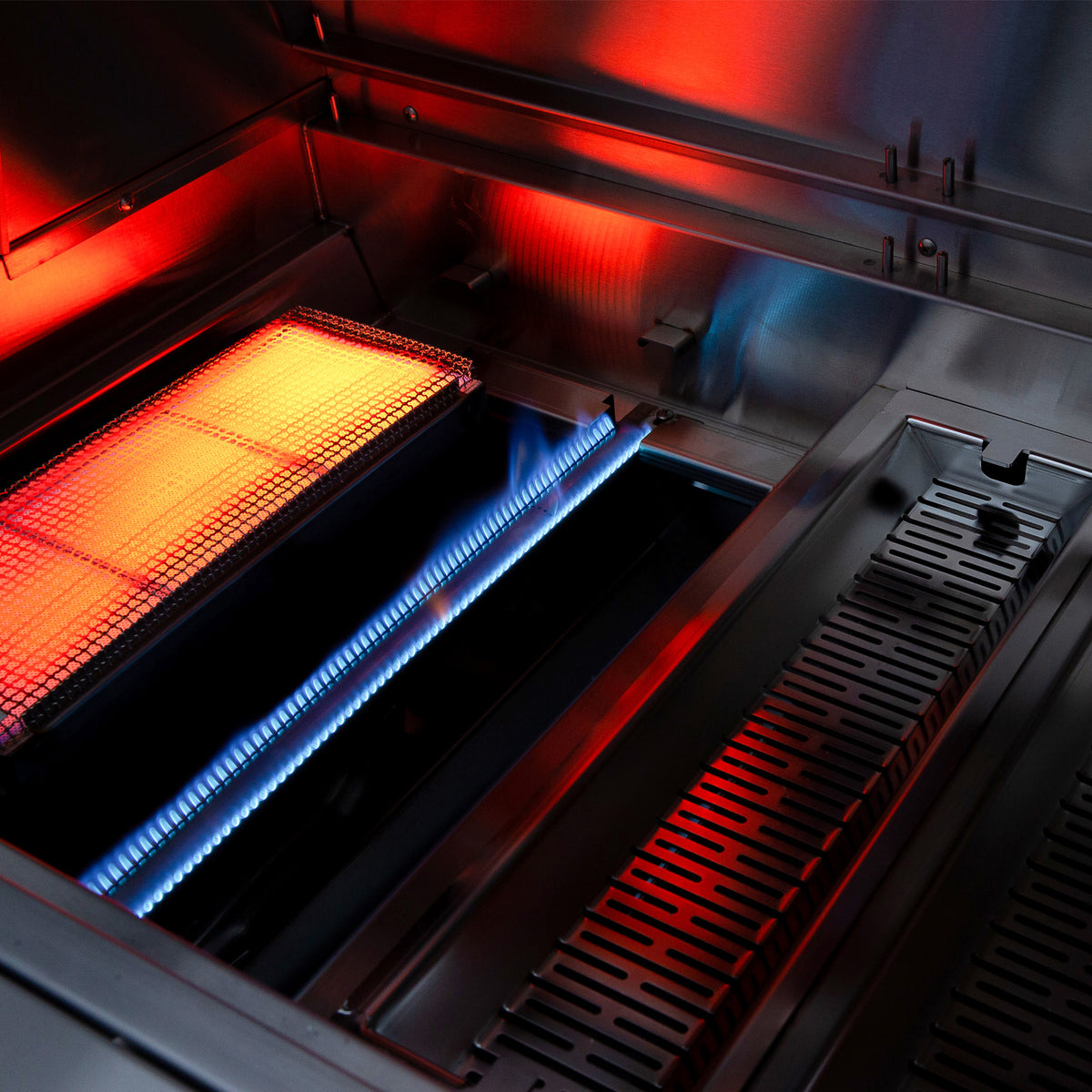 American Made Grills Encore grill with glowing infrared sear burner and blue gas burner flames