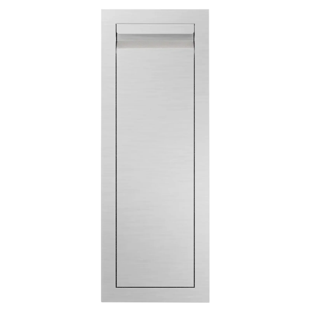 Stainless slide out cabinet door with a rectangular cutout on a white background