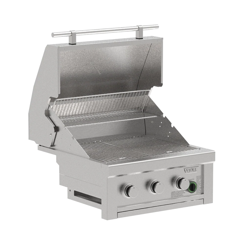 Stainless steel grill with brand logo on a white background