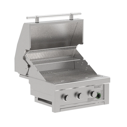 Stainless steel grill with brand logo on a white background