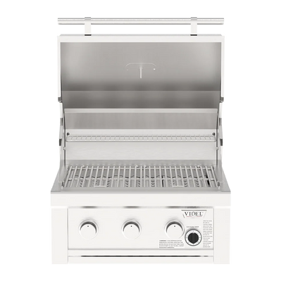 A stainless steel outdoor gas grill with the lid open, showing the grates and interior shelves. The front features three control knobs and a visible VIDEL brand label.