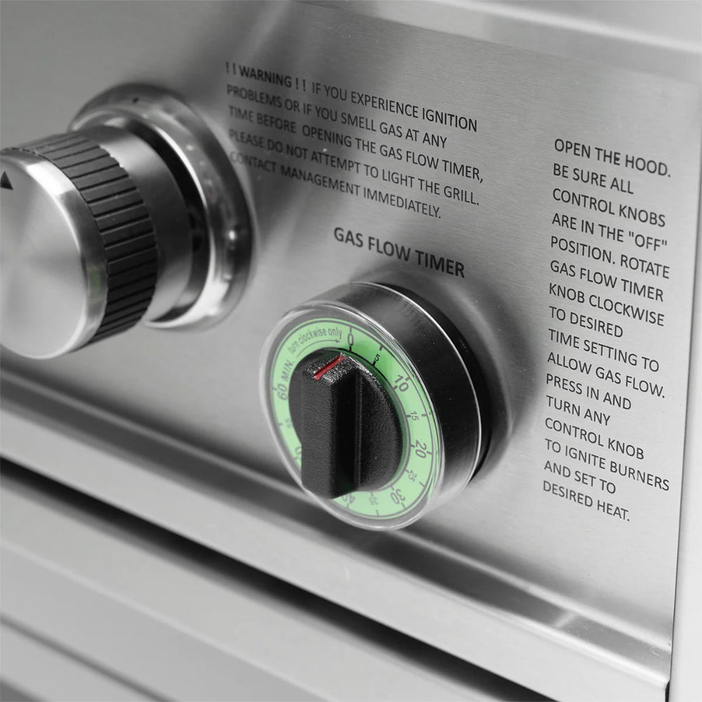 Control panel with gas flow timer and warning instructions on a grill
