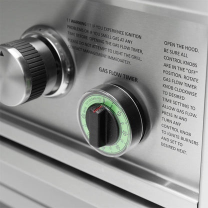 Control panel with gas flow timer and warning instructions on a grill