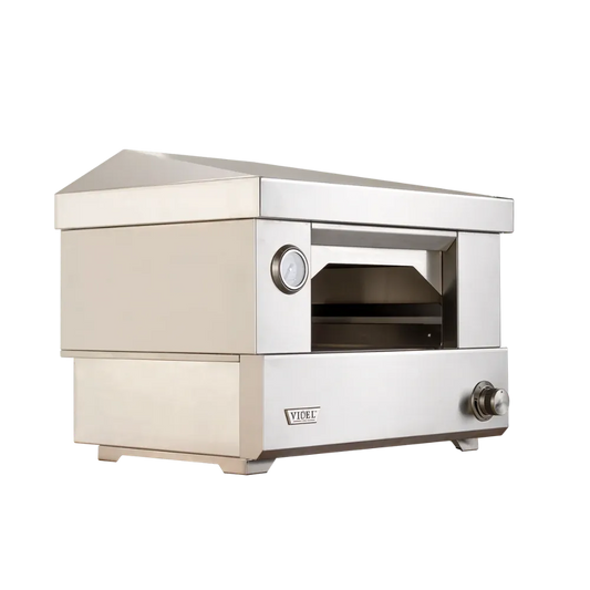 Videl Counter Top Pizza Oven, stainless steel commercial pizza oven with a front-loading door, circular temperature gauge, and control knob on the lower right.