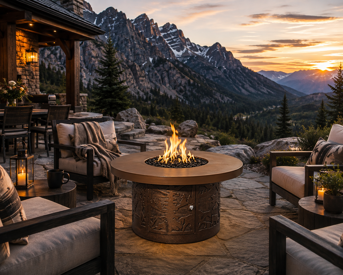 The Outdoor Plus Outback Fire Pit 46" – GFRC Metallic & Rustic Top, Powder Coat Base